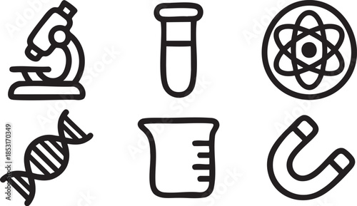 Black outline icons of science equipment microscope dna atom beaker magnet test tube laboratory