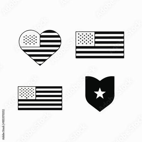 Black and White USA Flag and Patriotic Heart Icon Set Vector