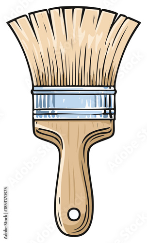 A classic wide paintbrush with a wooden handle in a cartoon vector illustration style