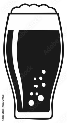 Black and white illustration of a pint glass with beer and foam. Bubbles rise in the drink.