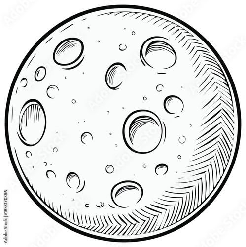 Hand drawn illustration of the moon with craters and detailed shading.