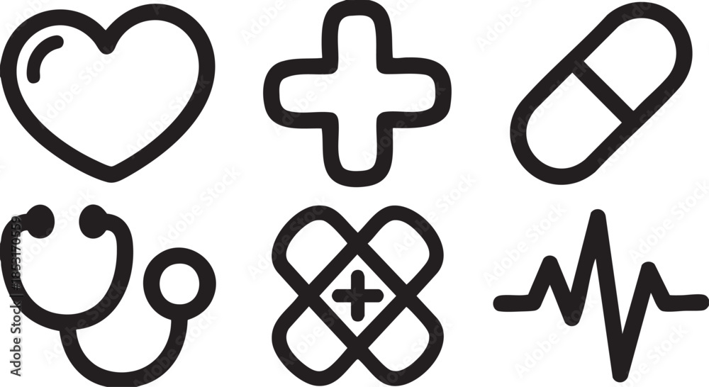 Obraz premium Black outline medical symbols heart cross pill stethoscope bandage electrocardiogram love health