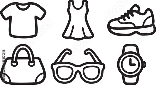 Black outline icons of t shirt dress sneaker handbag sunglasses and watch vector