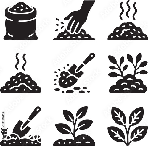 Soil planting, gardening seeds, agriculture farming, compost pile, seedling growth, shovel tool, hand sowing, nature cultivation