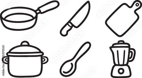Black outline kitchen utensils including frying pan pot knife cutting board spoon blender cooking