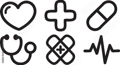 Black outline medical symbols heart cross pill stethoscope bandage electrocardiogram love health