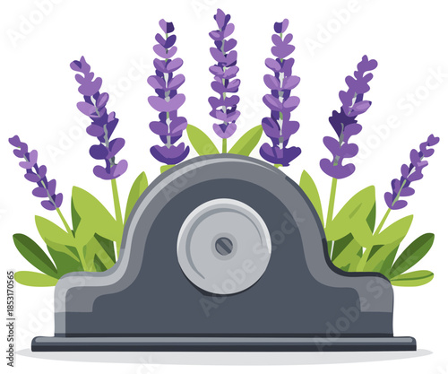 Memorial headstone with purple lavender flowers blooming in a graveyard vector illustration