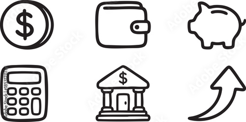 Collection of simple black and white hand drawn financial icons including coin wallet piggy bank calculator bank building and growth arrow