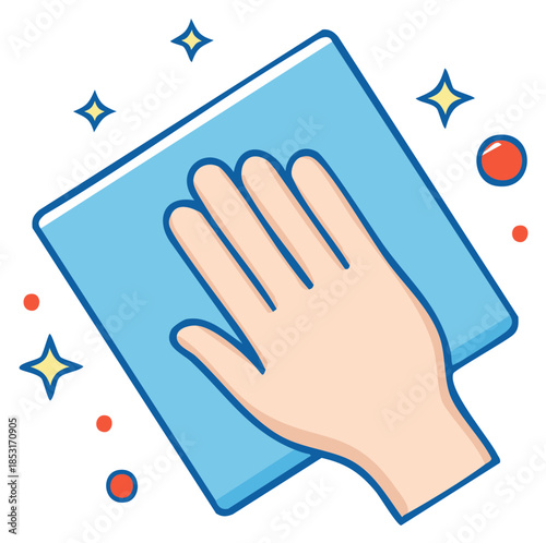 Hand wiping a surface with a blue cloth, sparkling clean illustration