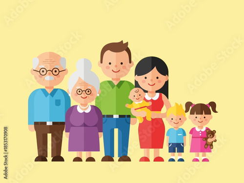 Three-Generation Family Illustration with Smiling People of All Ages