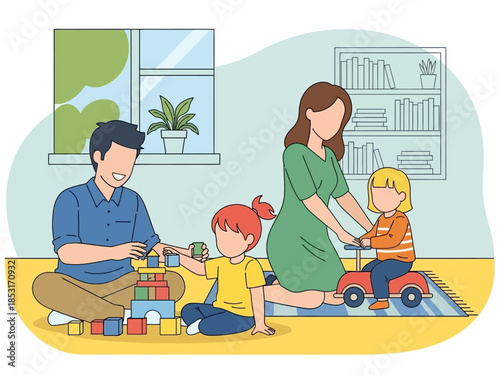 Family Time A happy family, a dad, a mom, and two children, enjoying playing together in the living room