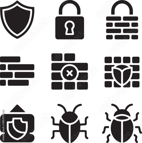 Security shield, padlock key, cybersecurity protection, firewall data, safety lock, bug virus, system defense, privacy guard