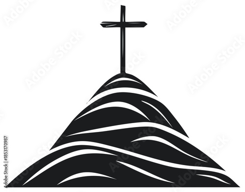 Silhouette of a cross on a hill, religious symbol.