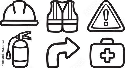 Safety equipment icons hard hat safety vest warning sign fire extinguisher arrow first aid kit