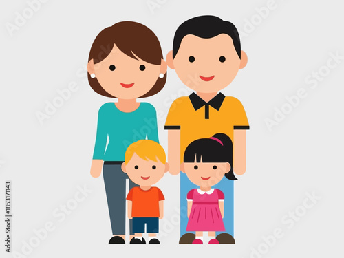 Happy Cartoon Family Portrait with Two Children