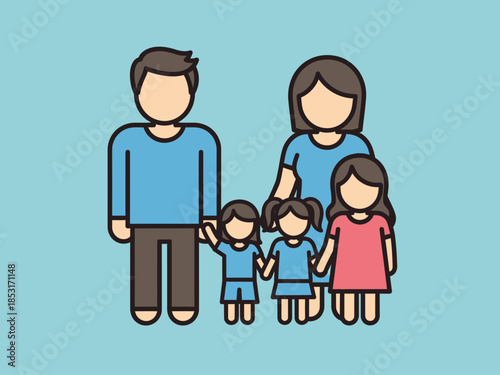 Happy Family Illustration Parents and Three Daughters on Blue Background