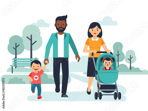 Happy Family Strolling in the Park Illustration