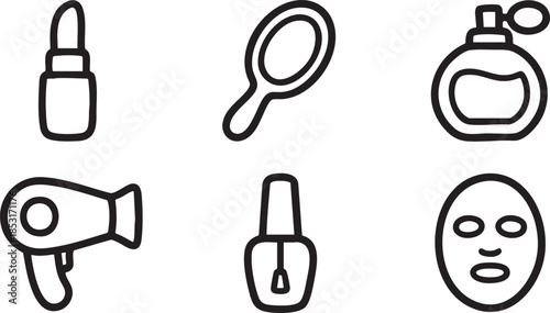 Set of six black outline icons for beauty and personal care products lipstick mirror