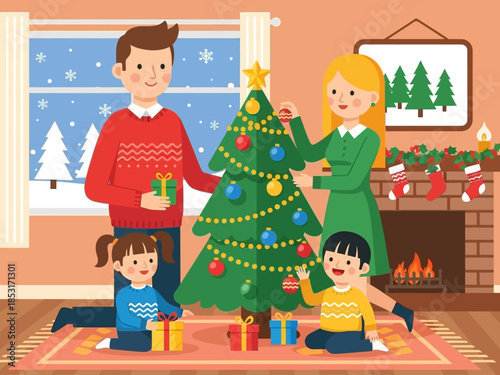 Happy Family Decorating Christmas Tree Together at Home