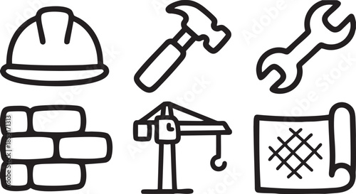 Simple black line drawings of construction tools and materials on white background hammer wrench