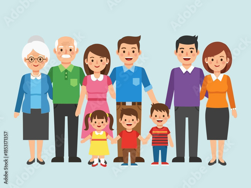 Happy Extended Family Portrait Vector Illustration with Grandparents, Parents and Children