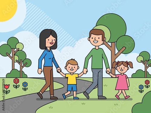 Family Stroll  Illustration of a Happy Family Walking in a Park with Trees, Flowers, and Sunshine