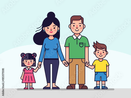 Happy Family Portrait Cheerful Parents and Children Holding Hands Illustration