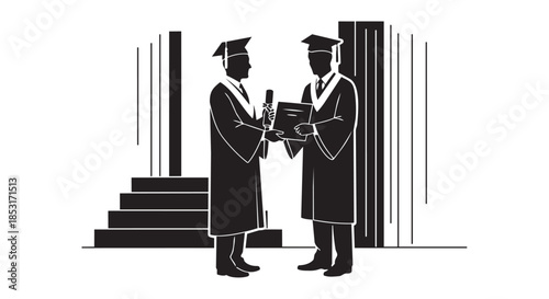 Graduation ceremony two graduates receiving diplomas in front of columns