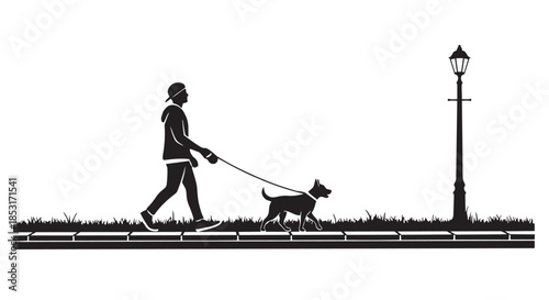 Silhouette of a person walking a dog on a leash next to a lamppost