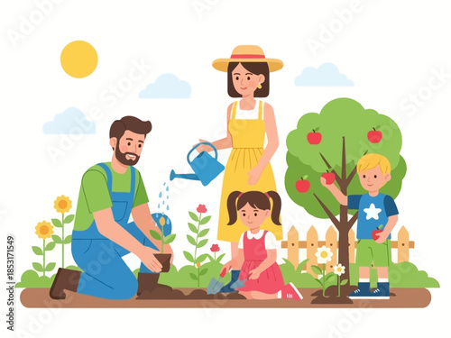 Happy Family Gardening Together in Their Backyard