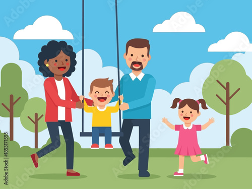 Happy Family Day in the Park Children Playing on Swing with Parents Smiling