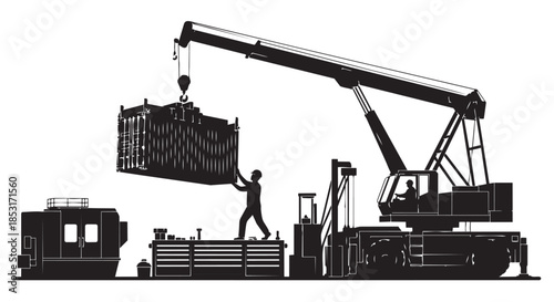 Silhouette of crane lifting shipping container with worker supervising