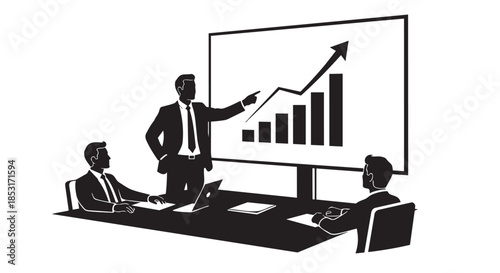 Business presentation with upward trending bar chart and arrow