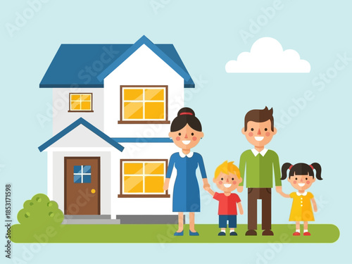 Family Home Bliss A Cheerful Cartoon Illustration of a Family Standing in Front of Their Charming House