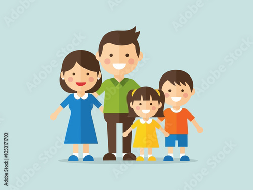 Happy Family Portrait Flat Vector Illustration of Parents and Children