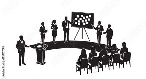Business presentation and workshop with silhouettes of people
