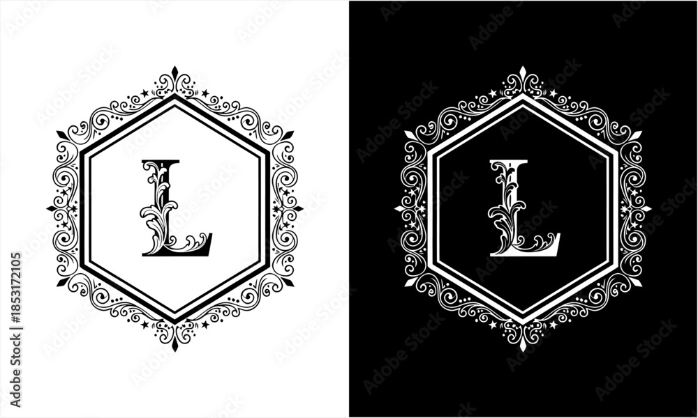 Fototapeta premium Elegant Letter L Monogram in Ornate Hexagonal Frame.