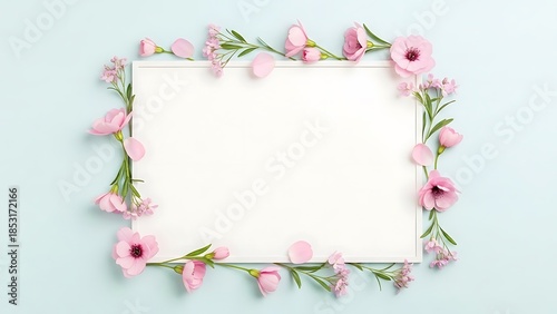 Floral Frame Border with Pink Flowers and Green Leaves on White Background, Christmas Tree Background, Close-up View, Graphic Design