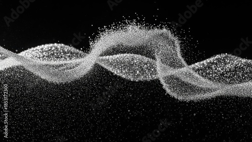 Backround of a Abstract depiction of a swirling dynamic form created from countless tiny white particles against black