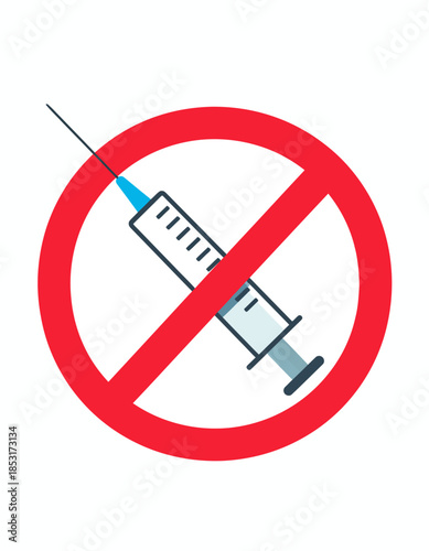 Illustration of a syringe with a prohibition sign, symbolizing medical treatment avoidance, vaccine refusal, or drug prohibition