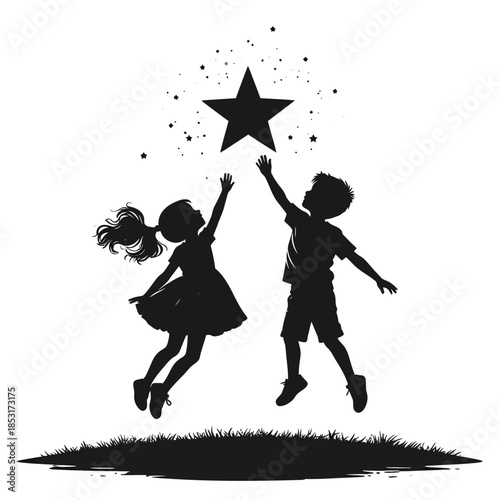 Silhouetted children joyfully reaching for a luminous star, symbolizing hope, ambition, and the infinite possibilities of childhood dreams and aspirations for a bright future