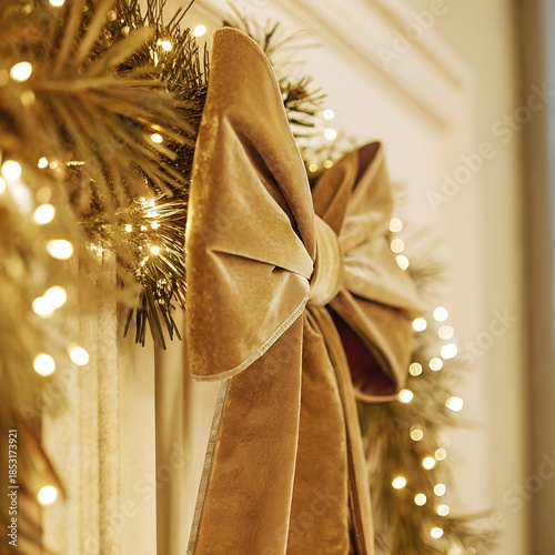 velvet bow with a Christmas wreath on the doors of the house