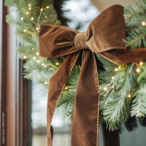 Fir Christmas wreath with brown velvet bow and warm LED lighting in the interior