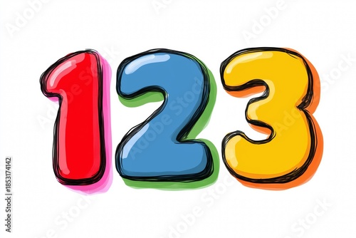 Colorful 123 numbers on white background: one, two, three for kids learning games or activities