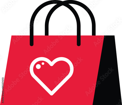 Red shopping bag with white heart symbol, representing love and gifts