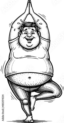 black and white cartoon chubby man doing yoga pose, positivity, confidence and inclusive lifestyle concept illustration