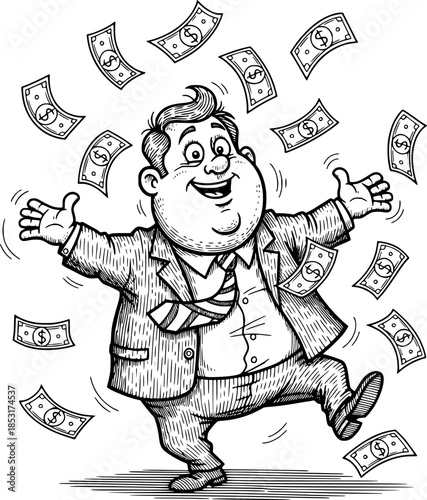 black and white cartoon happy dancing business man surrounded by flying money for financial success profit income and wealth concept illustration