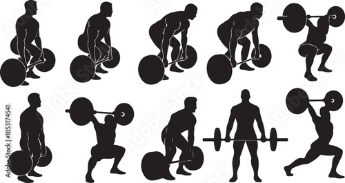 Silhouette sequence of a person performing weightlifting and squatting exercises with a barbell deadlift