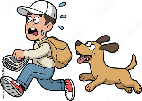 Funny cartoon mailman running scared chased by dog humorous delivery scene vector illustration isolated on white background playful action character
