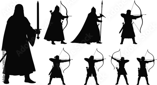 Medieval warrior silhouettes with swords bows and spears, fantasy archer characters, historical battle figures, black vector illustration on white background